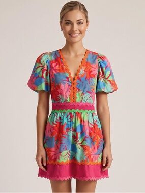 🌻Greylin Tropical Print Puff Sleeve Dress V Neck Zip Mini Women's Size XS
